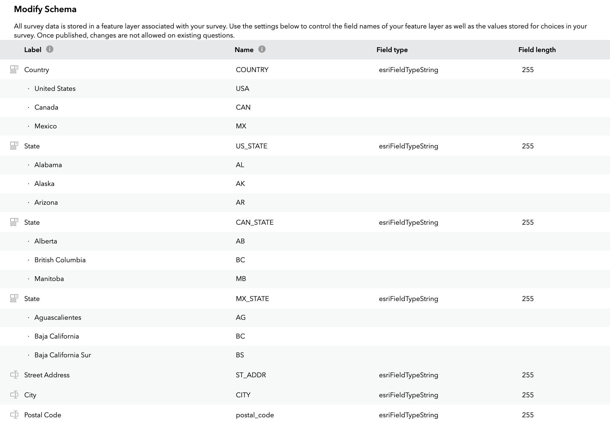 survey123 modify schema dialog with country states and domains spread across three fields